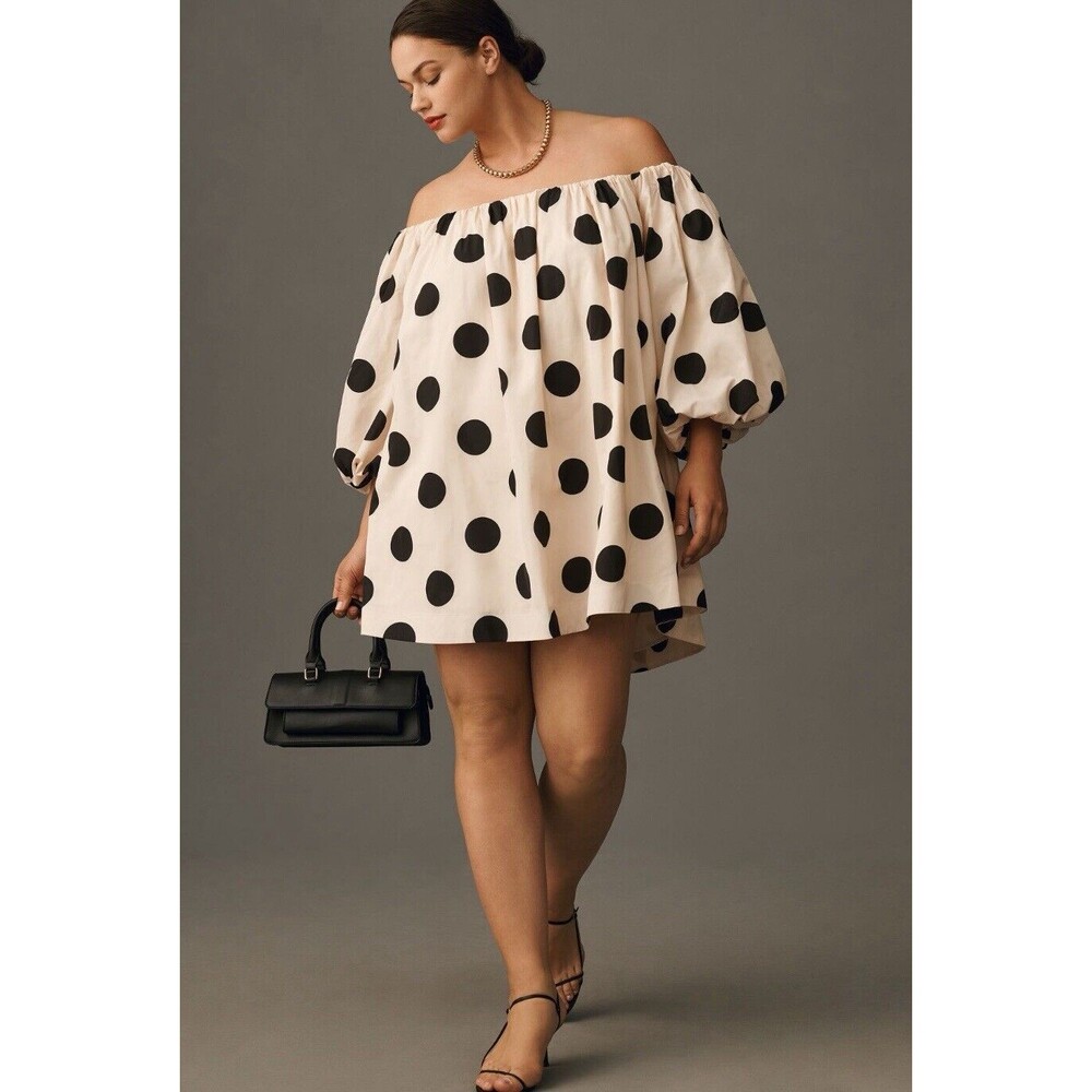 Anthropologie Cream Off-Shoulder Polka Dot Mini Dress with Black Dots